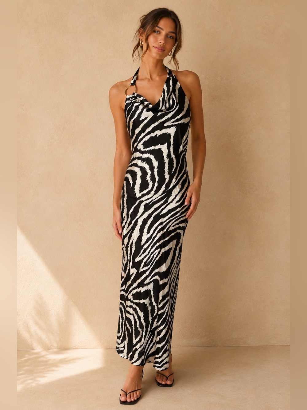 Thirty Thirty Black & Ivory Zebra Halter Maxi Dress – Size Medium – NWT